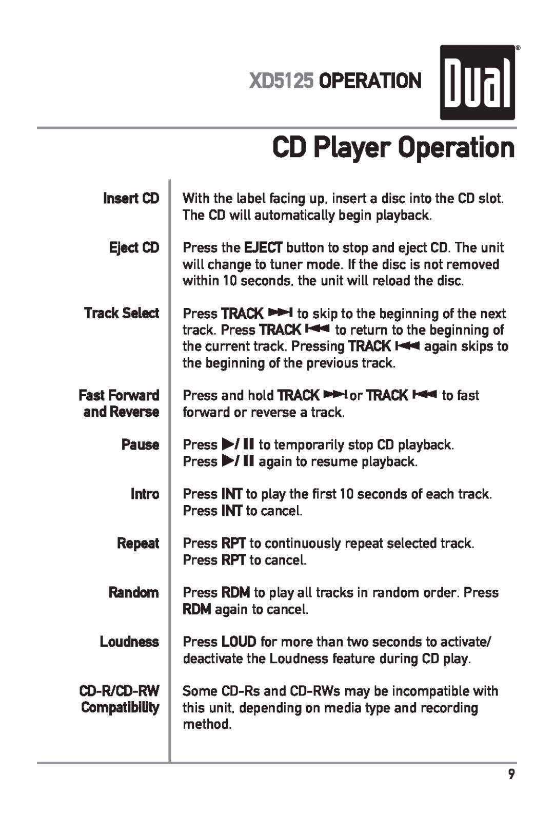 Dual CD Player Operation, XD5125 OPERATION, Insert CD Eject CD Track Select, Pause Intro Repeat Random Loudness 